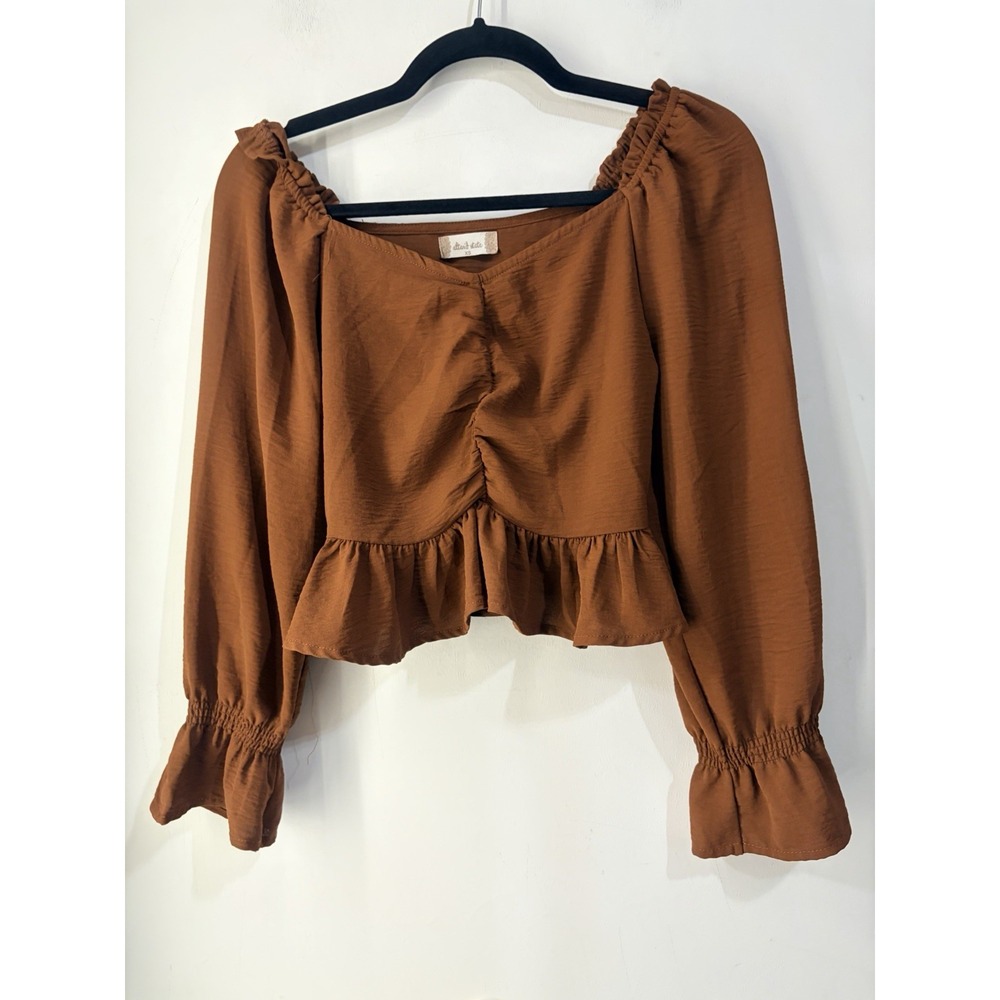 Altar'd State Rust Brown Peplum Crop Top Long Sleeve Ruched Ruffle Boho XS